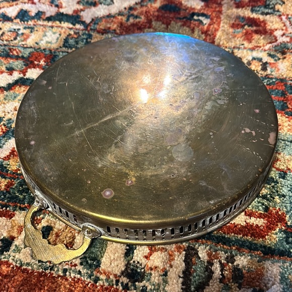 10” Vintage Brass Tray, Lined with Floral Handles - Picture 4 of 4